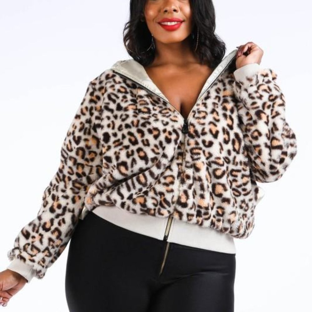 NEW! Faux Fur Cheetah Print Hooded Bomber Jacket
